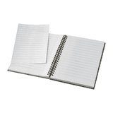 A grey spiral bound notebook with blank lined pages, open to show the inside. It includes loose paper.
