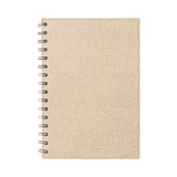 A beige spiral-bound notebook featuring a textured cover and black metal binding.