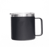 A black 400ml coffee mug with a stainless steel lid and handle. Features a branding logo.