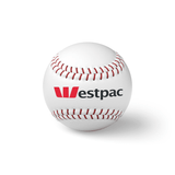 A white baseball with red stitching and a logo on one side.