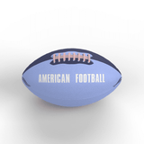 A blue American football with a white logo and stitching, featuring a traditional oval shape.