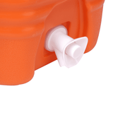 An orange water dispenser cooler box featuring a white tap for dispensing water.