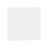 A square, white cardboard coaster, featuring a smooth surface with subtle texture and a branding logo.