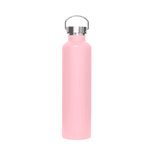 A drink bottle in a soft pink colour with a metal lid and a logo.