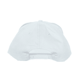 A white cotton cap featuring a Velcro closure and a branded logo on the back.