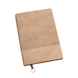 A beige A5 leather notebook with a ribbed texture and a smooth lower section, featuring a logo and a ribbon bookmark.