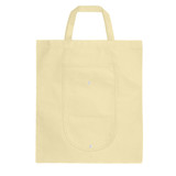 A foldable non-woven shopping bag in light yellow, featuring two handles and a front pocket. It includes a logo.