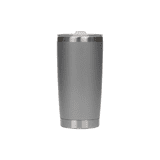 A stainless steel cup in a sleek grey finish, featuring a metallic rim and a logo on the side.
