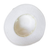 A white Fedora paper straw hat, featuring a wide brim and a circular interior design.