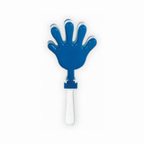 A blue hand-shaped clapper with a transparent handle, designed for making noise at events.
