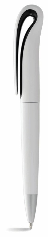 A twist-action ballpoint pen in white with a styled black clip and a subtle logo on the clip.
