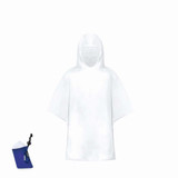 A white kids' poncho displayed next to a blue pouch, featuring a logo.