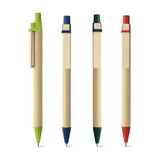 An eco-friendly ballpoint pen in beige with a black tip and wooden clip, featuring a logo on the clip.
