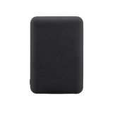 A black power bank made from recycled ABS material, featuring a logo and indicator lights on the front.