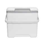 A white 13L cooler box with a grey lid and a handle for easy carrying. Contains a logo on the side.