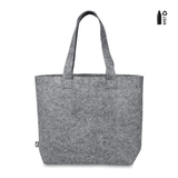 A grey felt shopper bag with two handles, featuring a logo, made from recycled PET materials.