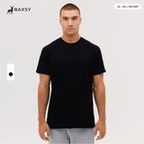 A black t-shirt is displayed on a model, featuring a round neck and short sleeves, with a logo visible.