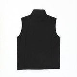 A black softshell vest with a high collar, featuring a logo on the back.