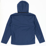 A utility jacket in navy blue, featuring a hood and a simple back design. It has a logo on the sleeve.