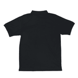 A black polo shirt with a collar and short sleeves, featuring a logo on the back.
