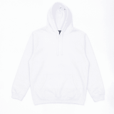 A white hoodie with a front pocket and drawstring hood, featuring a logo on the interior.