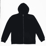 A black zip hoodie with a hood and front pockets, featuring a branding logo.