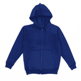 A blue zip-up hooded sweatshirt with a front pocket and drawstrings, featuring a logo on the inside label.
