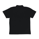 A black women's polo shirt with a collar, featuring a logo on the back.