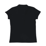 A black women's polo shirt with short sleeves and a collar, featuring a branding logo.