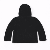 A black youth weather jacket with a hood, displayed from the back. Features a logo on the fabric.