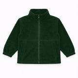 A dark green polar fleece full zip jacket with a high collar and two front pockets. It features elastic cuffs and has a logo.