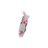 A silver and pink fish-shaped multitool with a keyring attachment, featuring various tools and a logo.