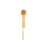 A natural wooden face brush with a bamboo handle and soft bristles, featuring a rope for hanging.