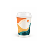 A double-walled paper cup, 280ml, features an abstract design in orange, teal, and cream colours. It has a lid and a logo.