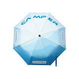 An anti-rebound folding umbrella in shades of blue with a logo and a curved design.