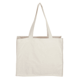 A canvas bag in a light cream colour with two long handles and a simple design, featuring a logo.