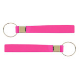 A pink silicone strap keytag with a metal ring, showcasing a sleek and simple design.