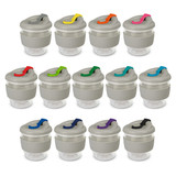 A set of Valencia Cups in various colours, featuring transparent bases and grey lids with coloured hooks.
