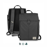 A grey Osprey Arcane Flap Backpack with adjustable straps and a buckle closure, featuring a logo.