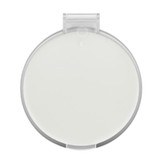 A compact mirror featuring a round design with a clear outer casing and a smooth, reflective surface.