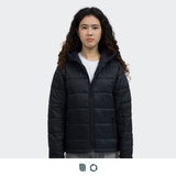 A black puffer jacket with a hood, featuring a zip front and a logo on the left side.