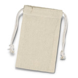 A small, cream cotton gift bag with drawstring ends and decorative tassels. It features a simple design and natural texture.