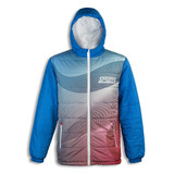 A blue and grey puffer jacket featuring a wave pattern and a hood, with zipped pockets and a logo on the front.