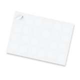A sheet of glossy stickers featuring 44mm white circles, with one corner slightly peeled back.