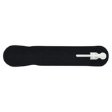 A plastic pen in a sleek, black design with a white writing tip.