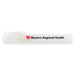 A clear stick applicator containing hand sanitiser, featuring a clip and a logo on the side.