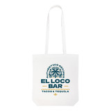 A white long-handled cotton bag with a logo featuring palm trees and text in blue and yellow.