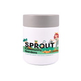A white food container with a gray lid, featuring a colorful design and a logo.