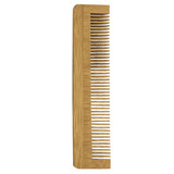 A bamboo comb with a smooth, natural wooden finish and wide teeth, featuring a simple design.