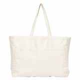 A large, cream-coloured tote bag with two sturdy handles and a front pocket. It features a branding logo.